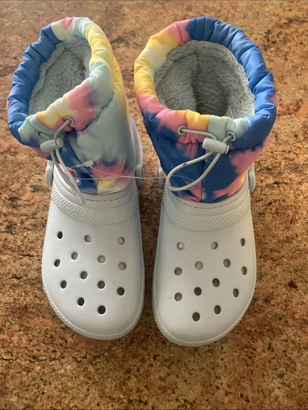 CROCS White Clog Boots with Multi-Color Tie-Dye Collar